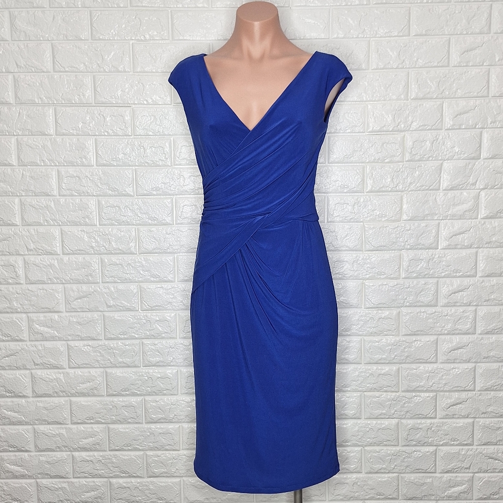 RALPH LAUREN V Neck Fall Deep Azure Dress with Rouching NWT